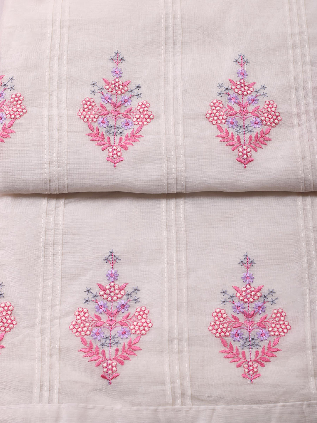 Cream-Pink Embroidered Cotton Blend Unstitched Suit &amp; Pant With Cotton Dupatta