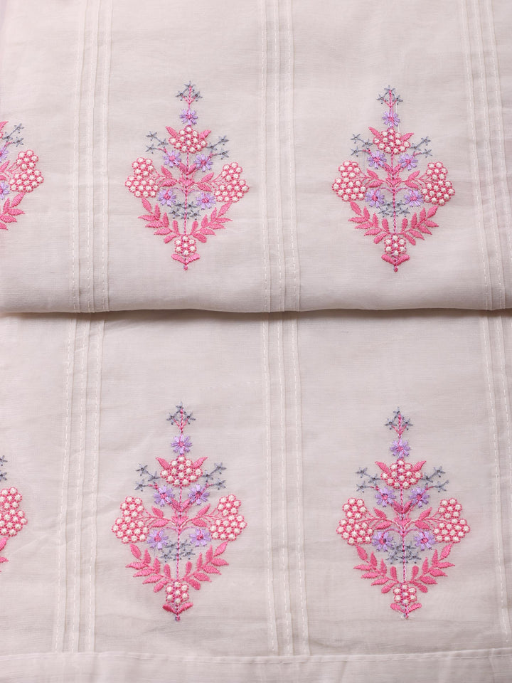 Cream-Pink Embroidered Cotton Blend Unstitched Suit &amp; Pant With Cotton Dupatta