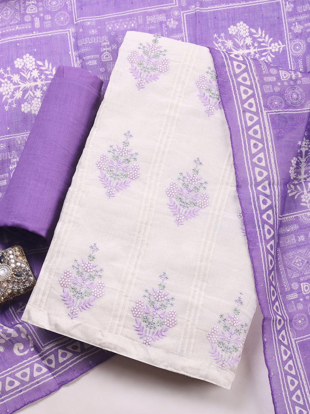 Cream-Purple Embroidered Cotton Blend Unstitched Suit &amp; Pant With Cotton Dupatta