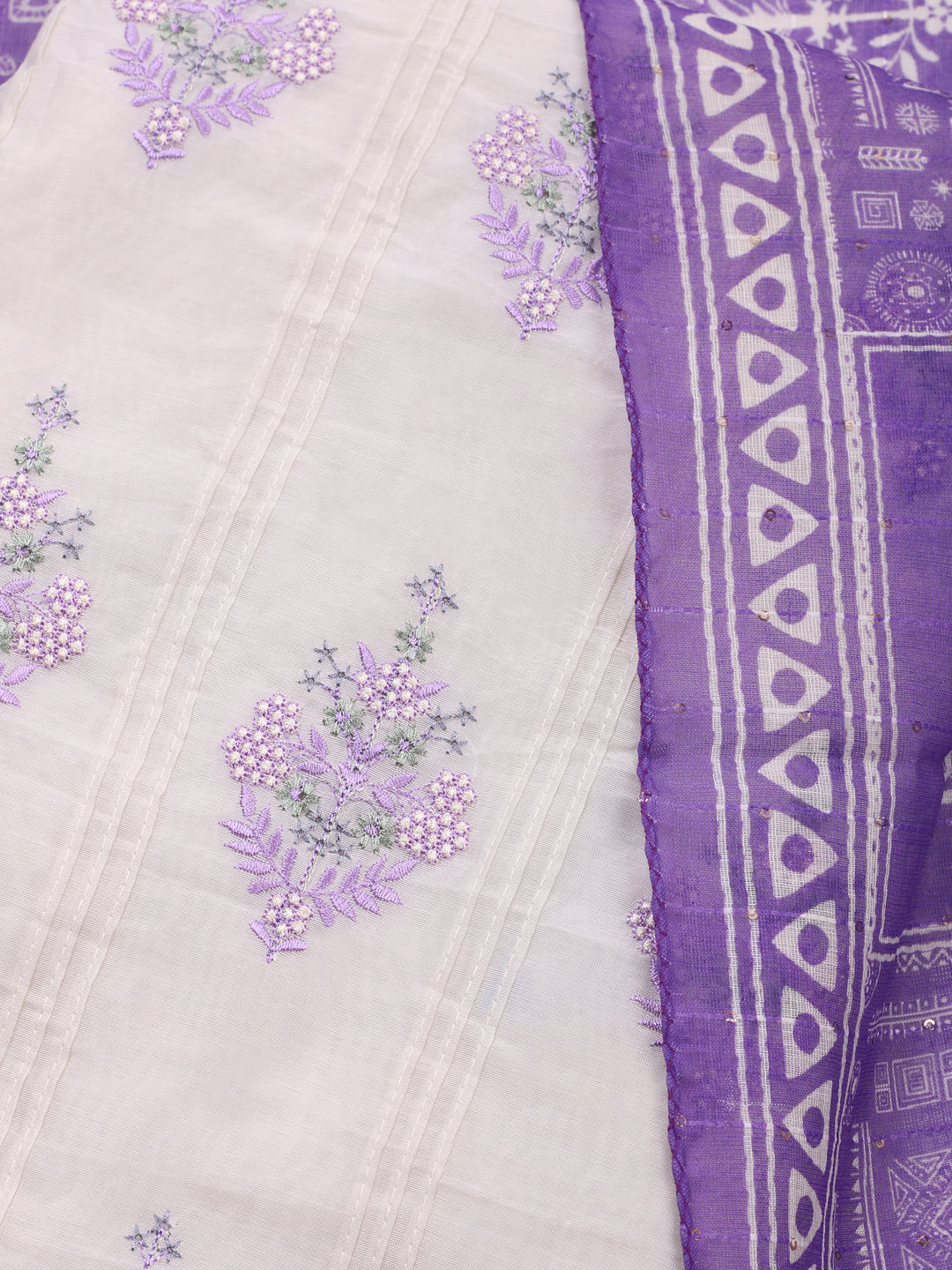 Cream-Purple Embroidered Cotton Blend Unstitched Suit &amp; Pant With Cotton Dupatta