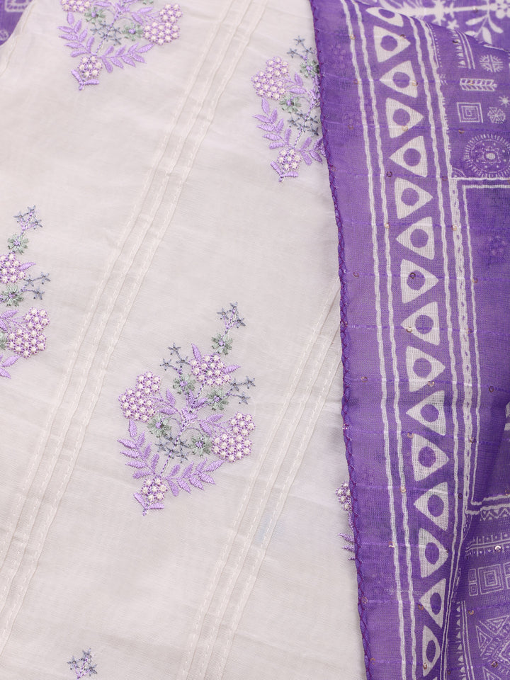 Cream-Purple Embroidered Cotton Blend Unstitched Suit &amp; Pant With Cotton Dupatta