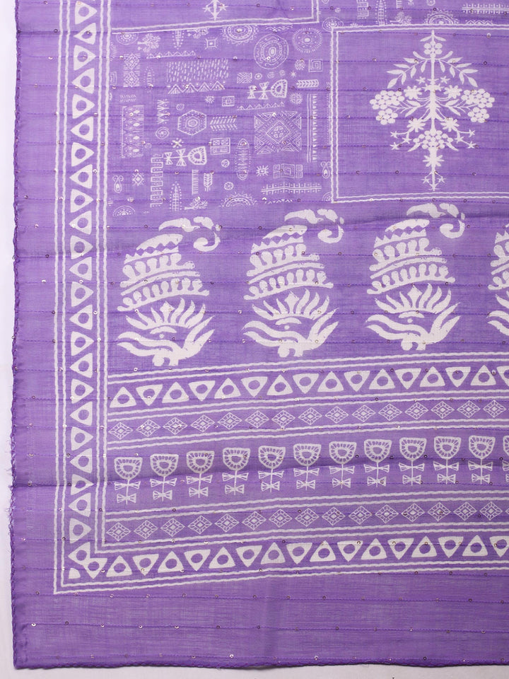 Cream-Purple Embroidered Cotton Blend Unstitched Suit &amp; Pant With Cotton Dupatta