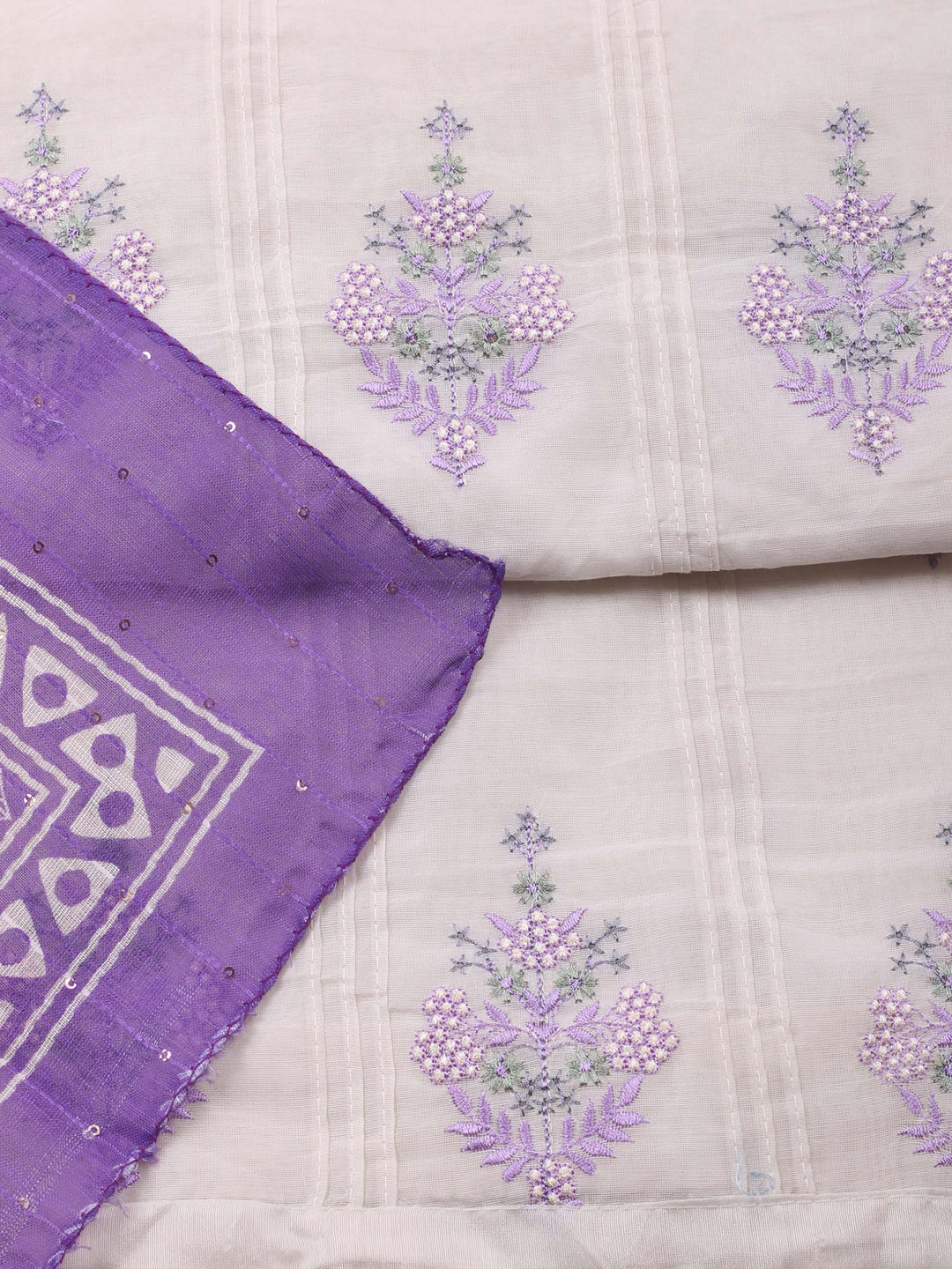 Cream-Purple Embroidered Cotton Blend Unstitched Suit &amp; Pant With Cotton Dupatta