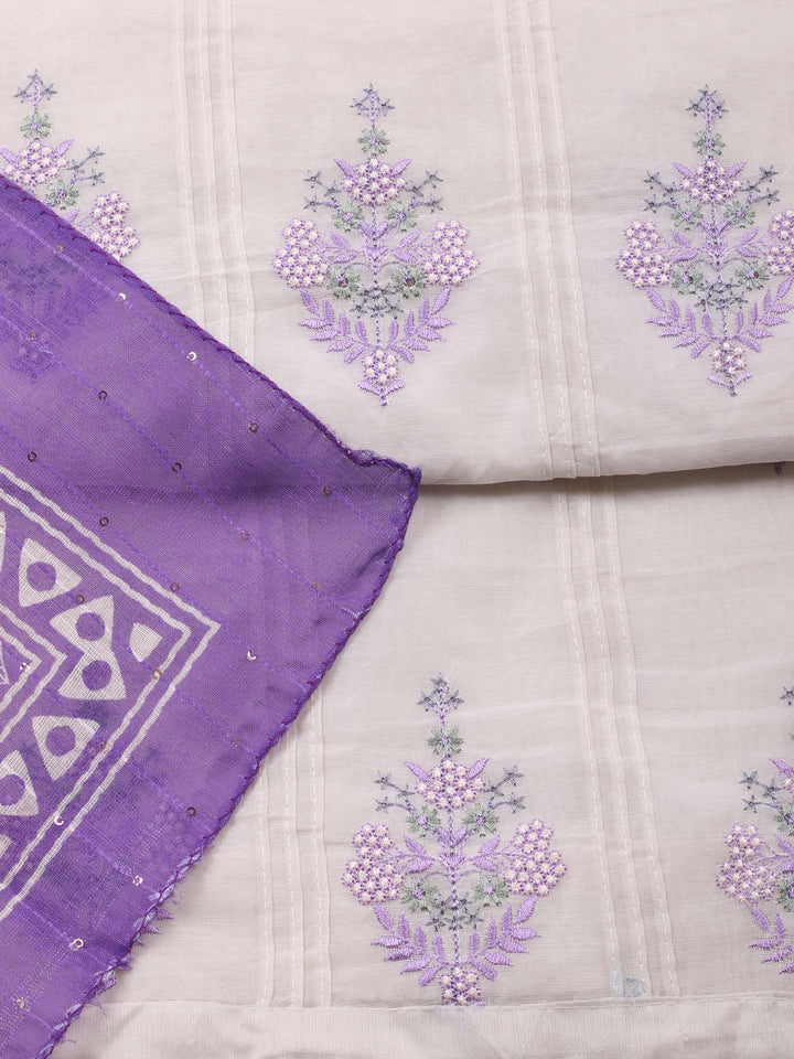 Cream-Purple Embroidered Cotton Blend Unstitched Suit &amp; Pant With Cotton Dupatta