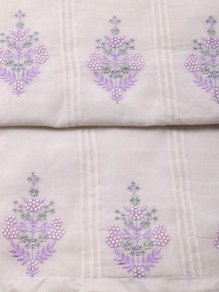 Cream-Purple Embroidered Cotton Blend Unstitched Suit &amp; Pant With Cotton Dupatta