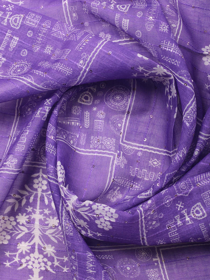 Cream-Purple Embroidered Cotton Blend Unstitched Suit &amp; Pant With Cotton Dupatta