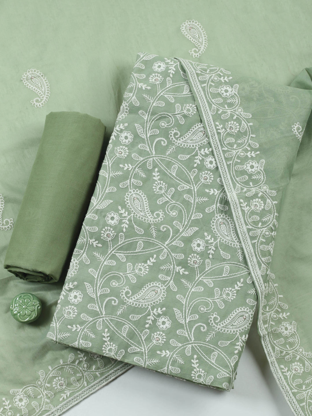 Aqua Green Embroidered Chanderi Unstitched Suit &amp; Pant With Chanderi Dupatta