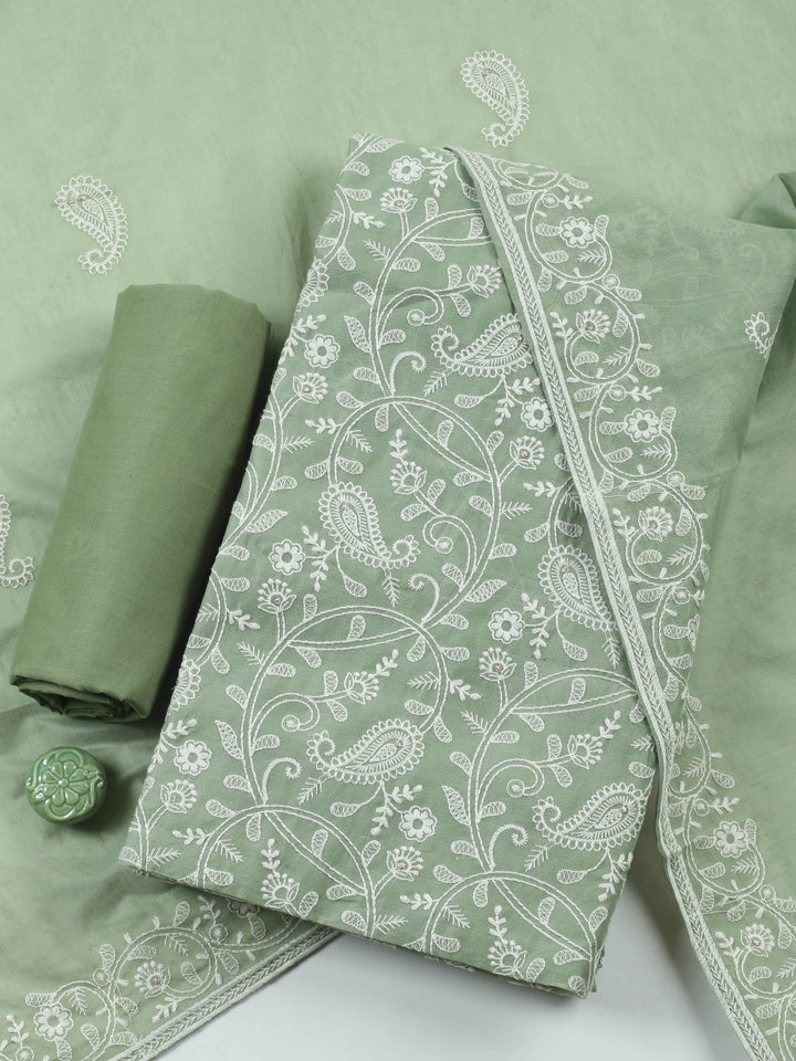 Aqua Green Embroidered Chanderi Unstitched Suit &amp; Pant With Chanderi Dupatta