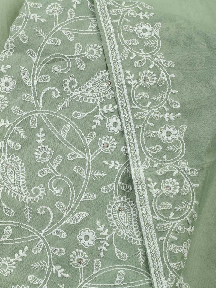 Aqua Green Embroidered Chanderi Unstitched Suit &amp; Pant With Chanderi Dupatta
