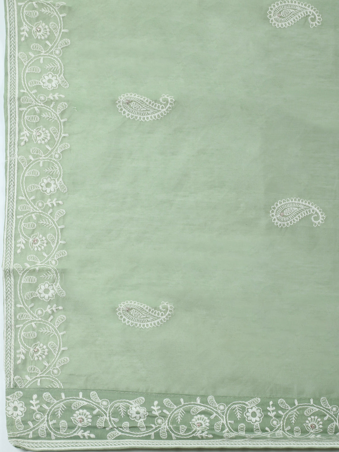 Aqua Green Embroidered Chanderi Unstitched Suit &amp; Pant With Chanderi Dupatta