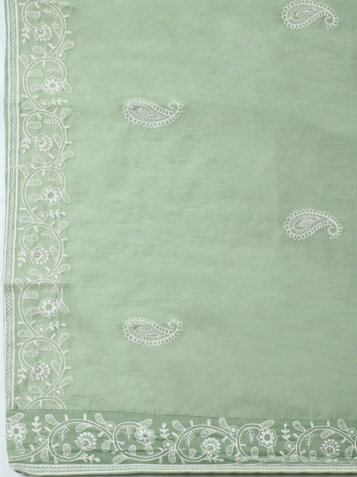 Aqua Green Embroidered Chanderi Unstitched Suit &amp; Pant With Chanderi Dupatta