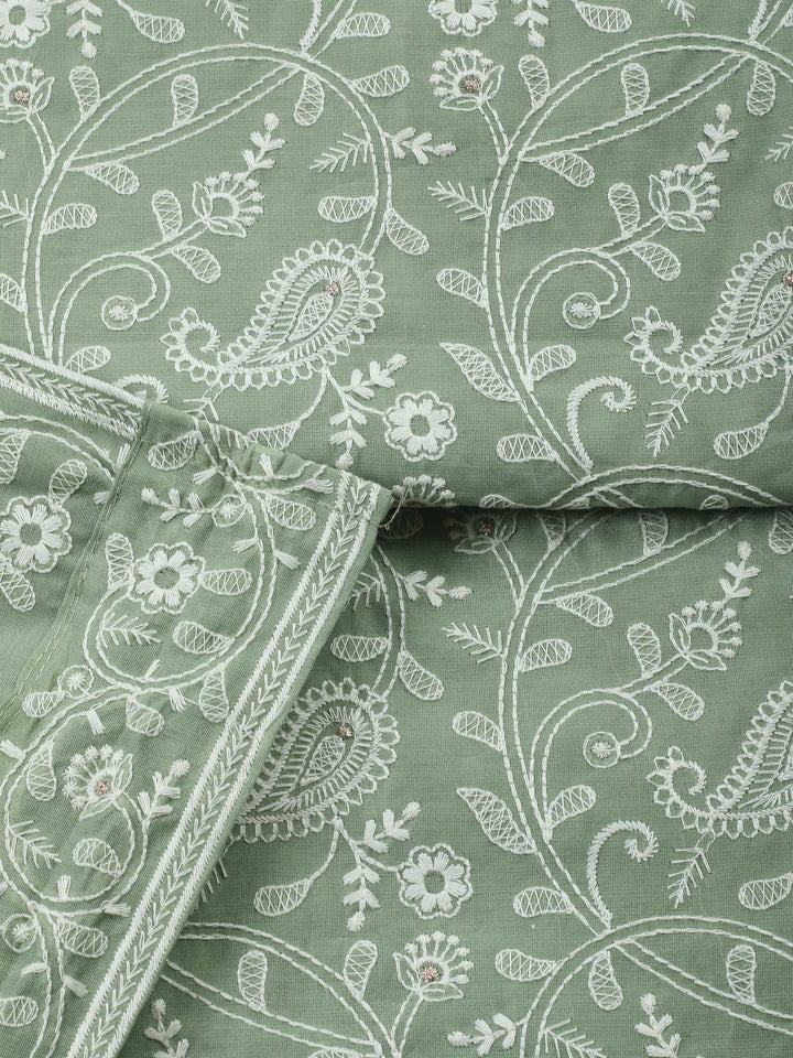 Aqua Green Embroidered Chanderi Unstitched Suit &amp; Pant With Chanderi Dupatta
