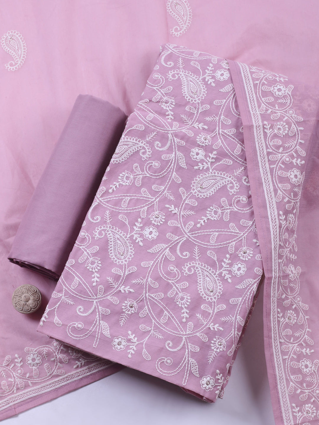 Mauve Embroidered Chanderi Unstitched Suit &amp; Pant With Chanderi Dupatta