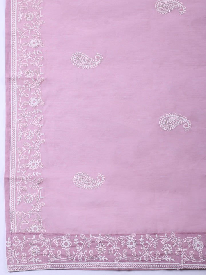 Mauve Embroidered Chanderi Unstitched Suit &amp; Pant With Chanderi Dupatta