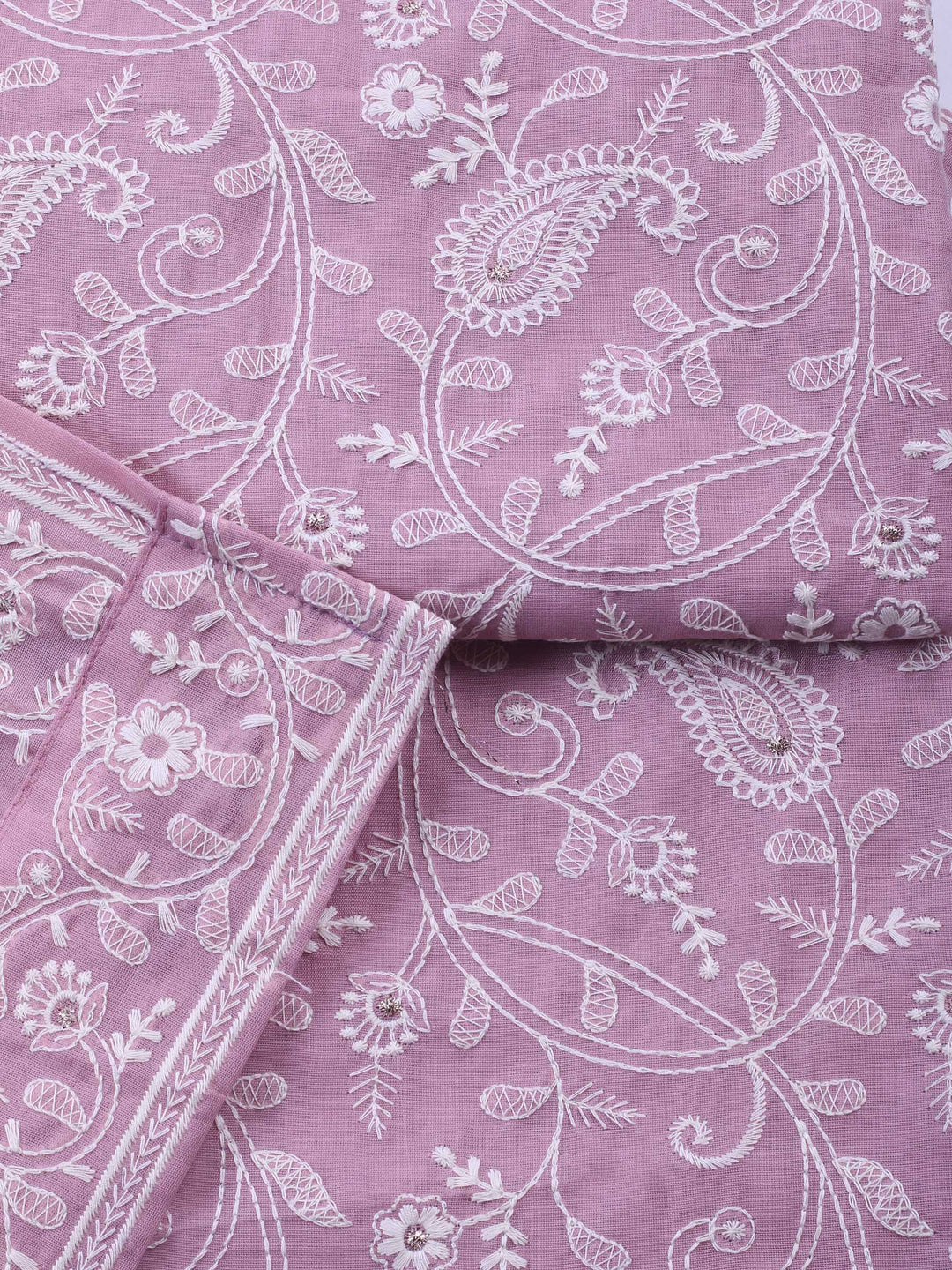 Mauve Embroidered Chanderi Unstitched Suit &amp; Pant With Chanderi Dupatta