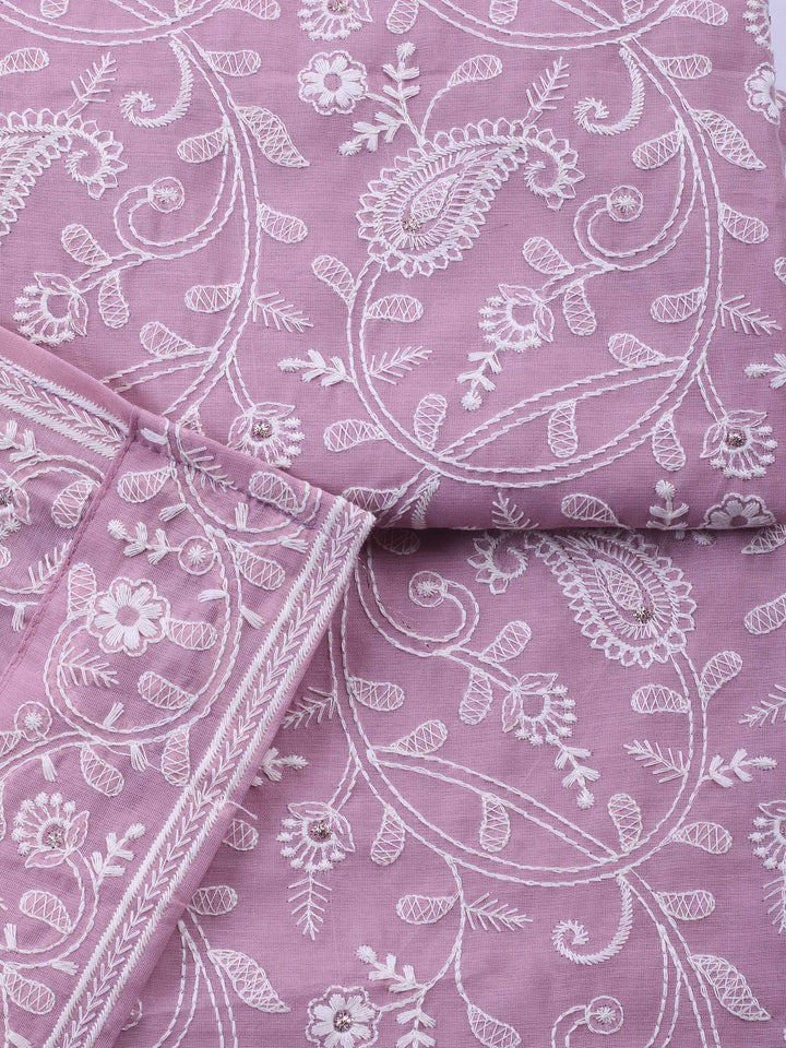 Mauve Embroidered Chanderi Unstitched Suit &amp; Pant With Chanderi Dupatta