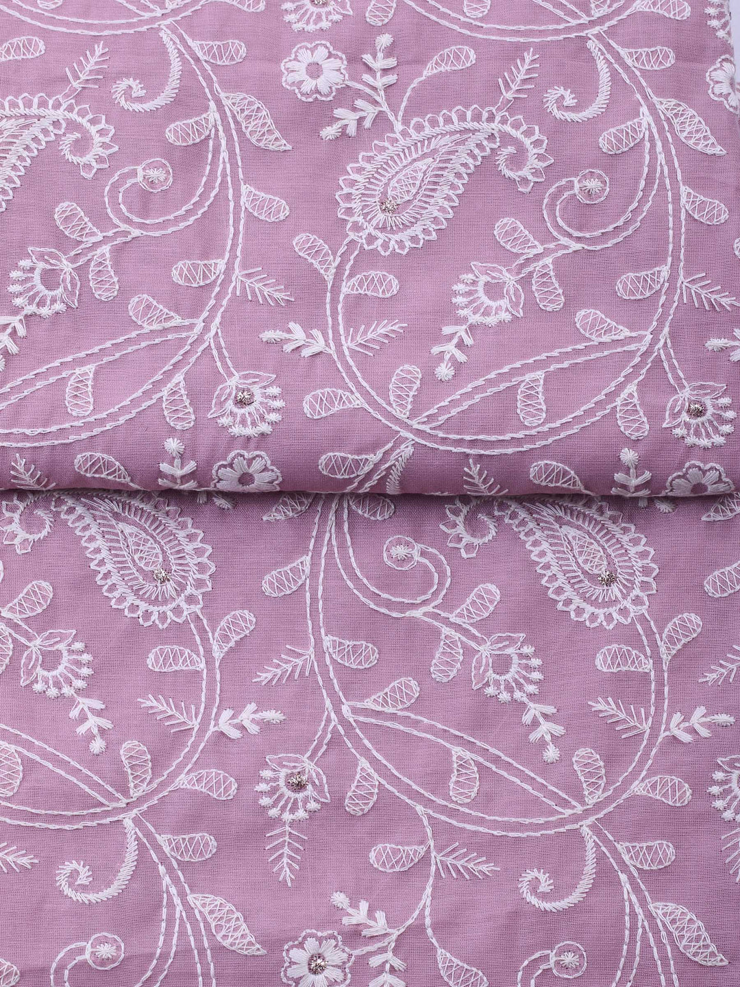 Mauve Embroidered Chanderi Unstitched Suit &amp; Pant With Chanderi Dupatta