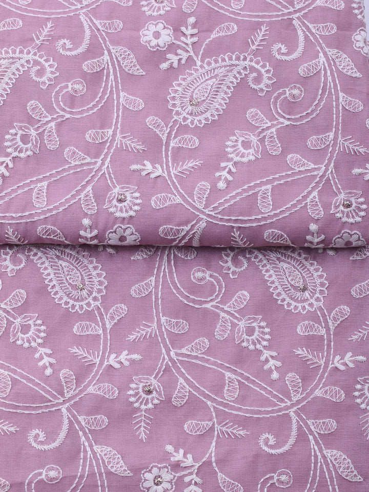 Mauve Embroidered Chanderi Unstitched Suit &amp; Pant With Chanderi Dupatta