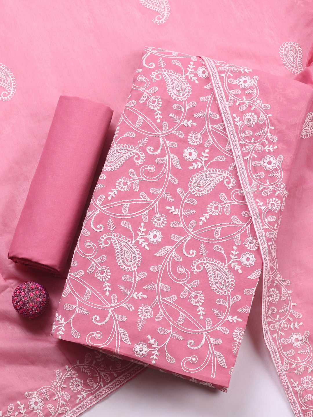 Pink Embroidered Chanderi Unstitched Suit &amp; Pant With Chanderi Dupatta