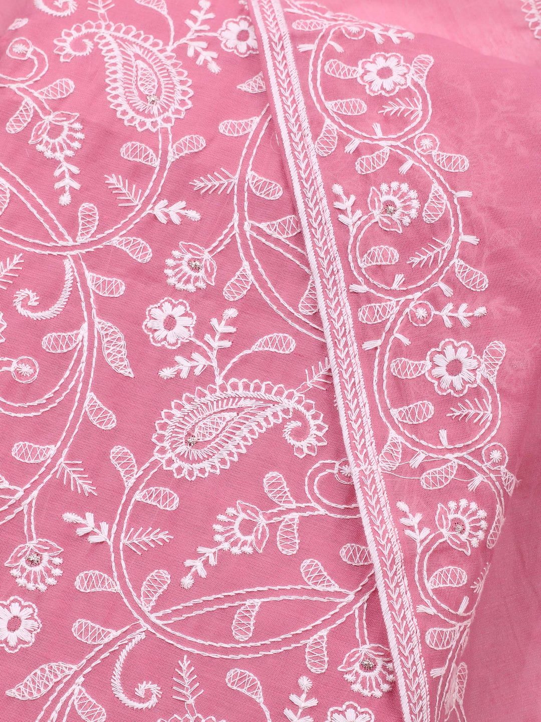 Pink Embroidered Chanderi Unstitched Suit &amp; Pant With Chanderi Dupatta