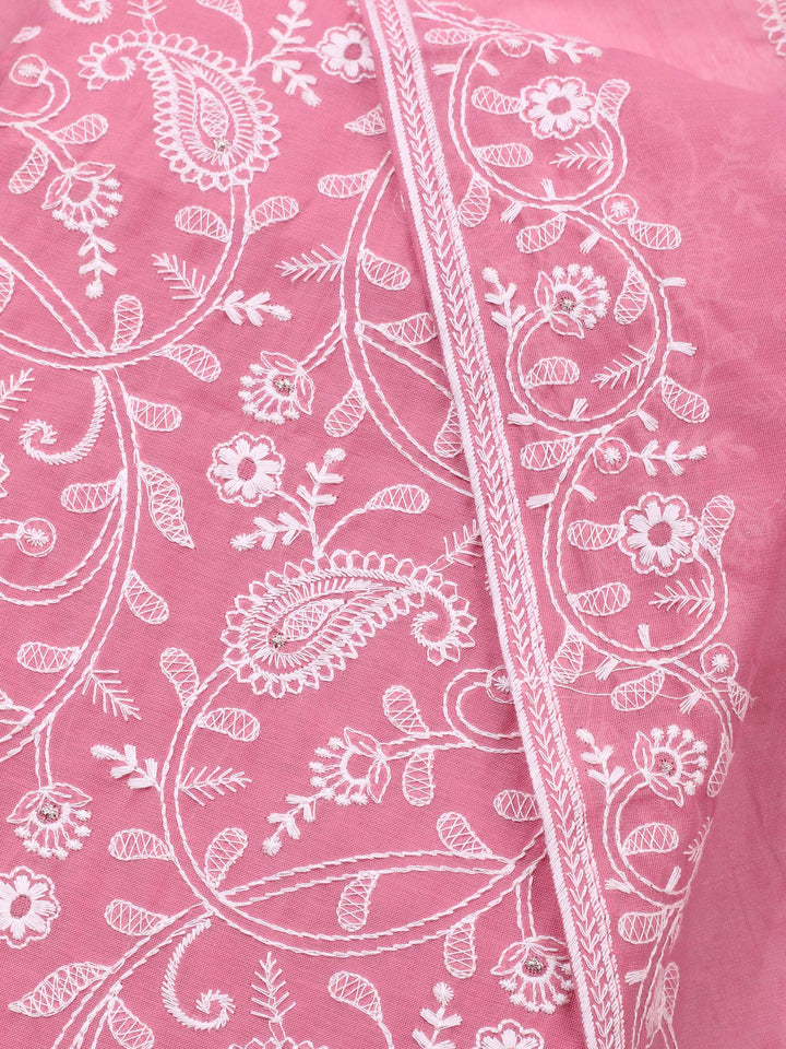 Pink Embroidered Chanderi Unstitched Suit &amp; Pant With Chanderi Dupatta