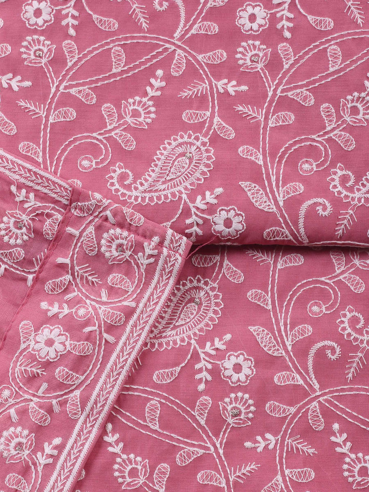 Pink Embroidered Chanderi Unstitched Suit &amp; Pant With Chanderi Dupatta