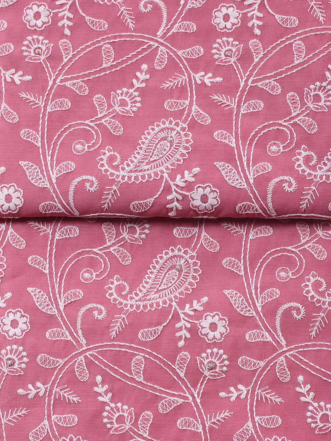 Pink Embroidered Chanderi Unstitched Suit &amp; Pant With Chanderi Dupatta