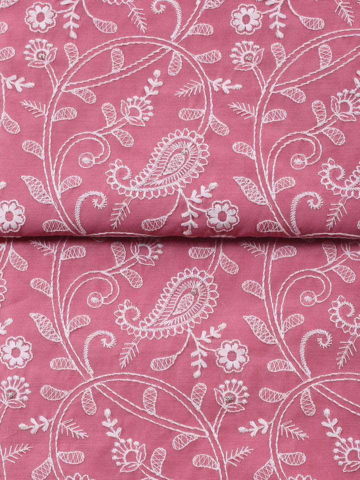 Pink Embroidered Chanderi Unstitched Suit &amp; Pant With Chanderi Dupatta