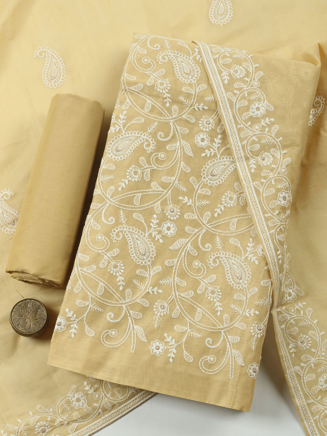 Yellow Embroidered Chanderi Unstitched Suit &amp; Pant With Chanderi Dupatta