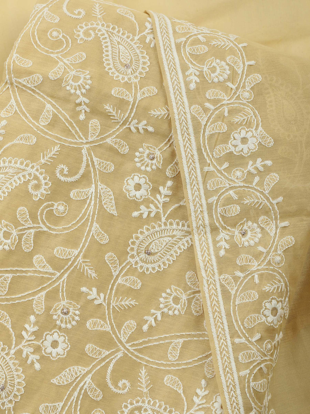 Yellow Embroidered Chanderi Unstitched Suit &amp; Pant With Chanderi Dupatta