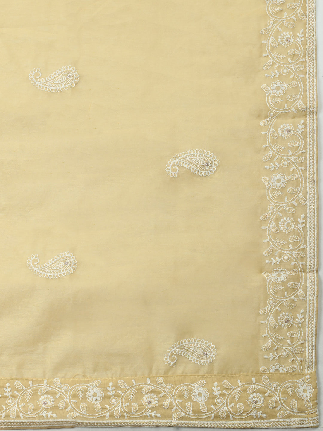 Yellow Embroidered Chanderi Unstitched Suit &amp; Pant With Chanderi Dupatta