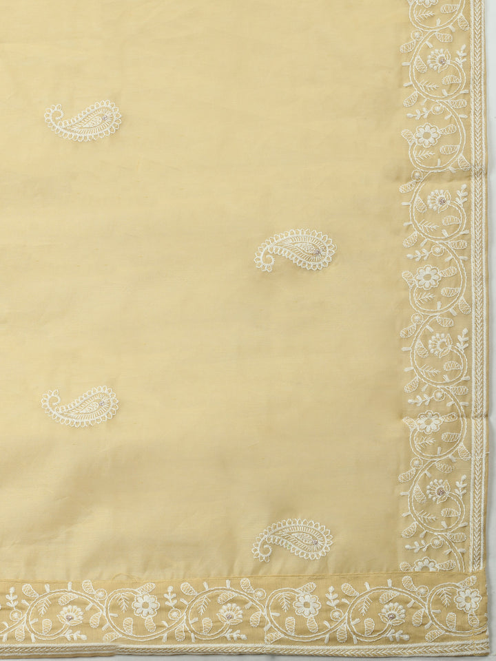 Yellow Embroidered Chanderi Unstitched Suit &amp; Pant With Chanderi Dupatta