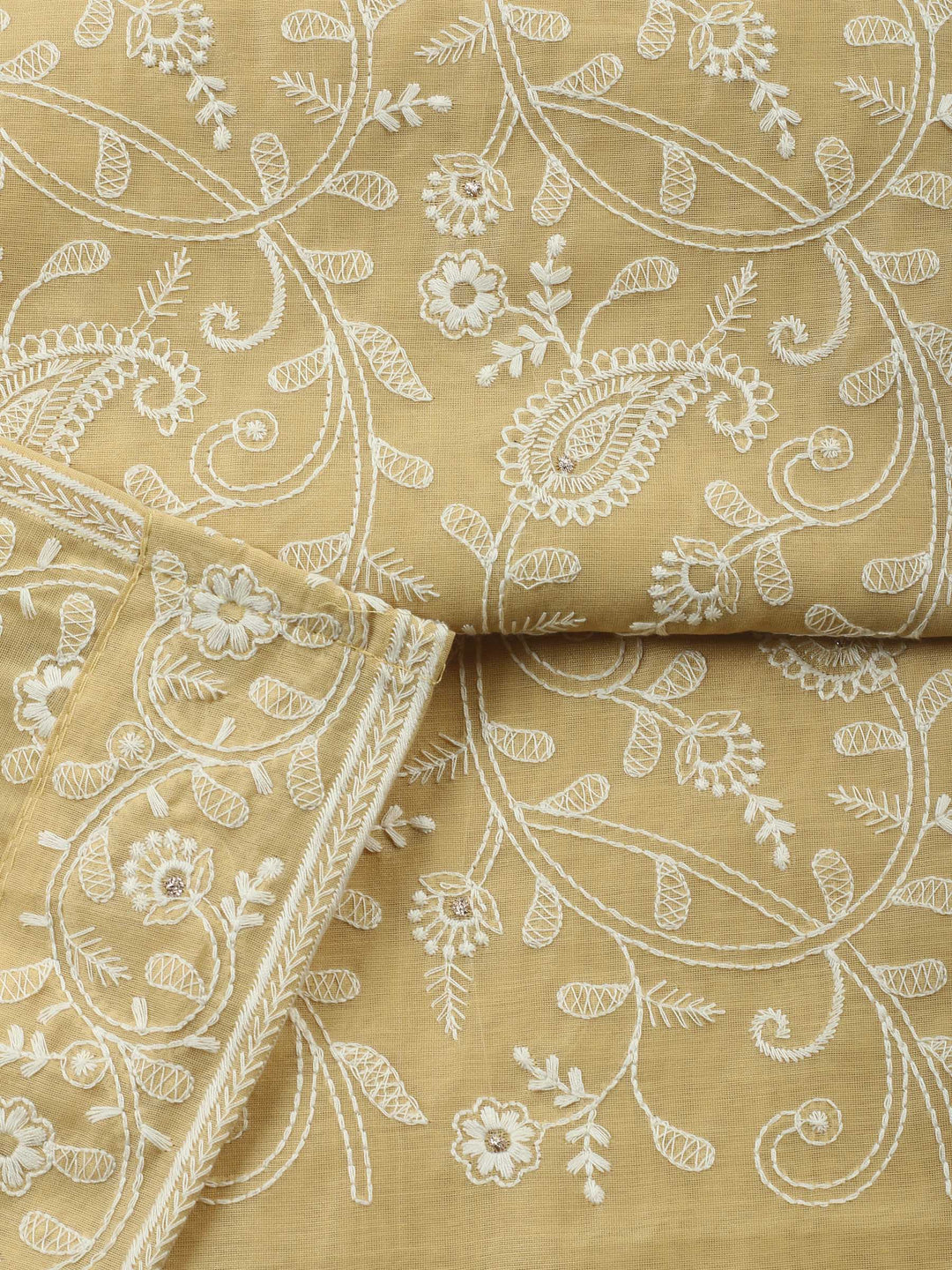 Yellow Embroidered Chanderi Unstitched Suit &amp; Pant With Chanderi Dupatta