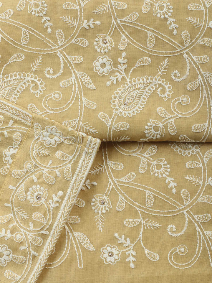 Yellow Embroidered Chanderi Unstitched Suit &amp; Pant With Chanderi Dupatta
