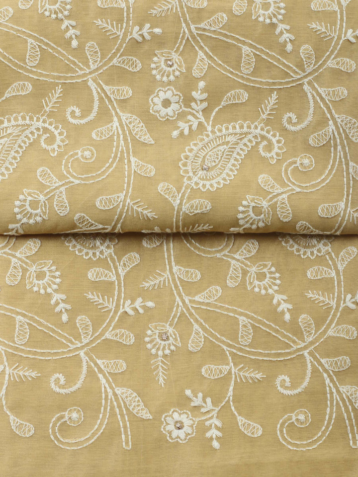Yellow Embroidered Chanderi Unstitched Suit &amp; Pant With Chanderi Dupatta