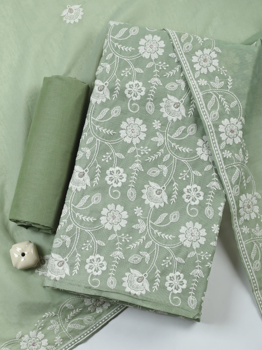 Aqua Green Embroidered Chanderi Unstitched Suit &amp; Pant With Chanderi Dupatta