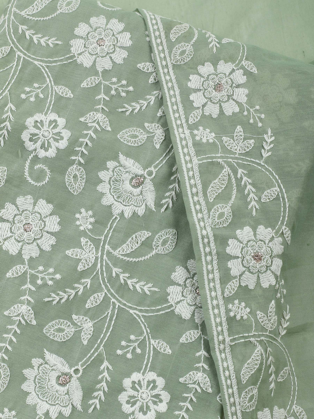 Aqua Green Embroidered Chanderi Unstitched Suit &amp; Pant With Chanderi Dupatta