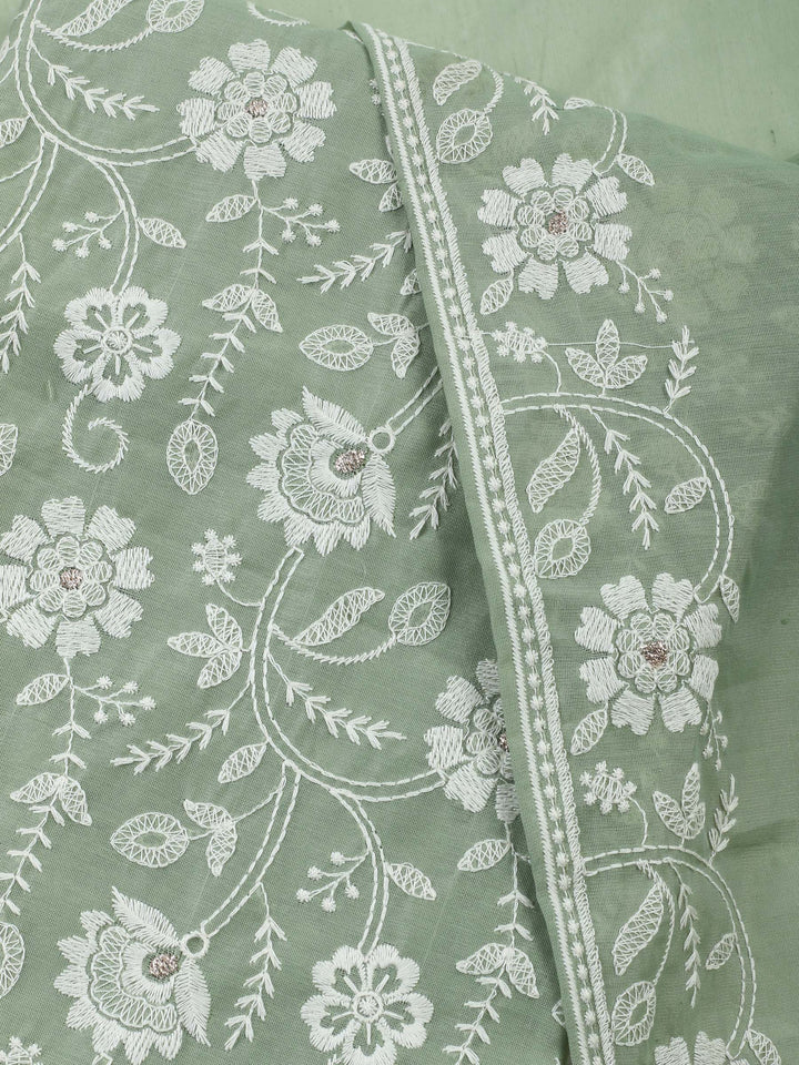 Aqua Green Embroidered Chanderi Unstitched Suit &amp; Pant With Chanderi Dupatta