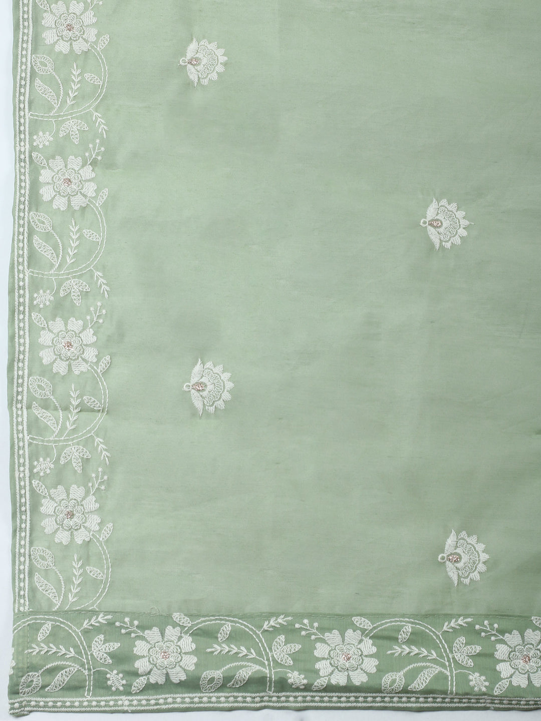 Aqua Green Embroidered Chanderi Unstitched Suit &amp; Pant With Chanderi Dupatta