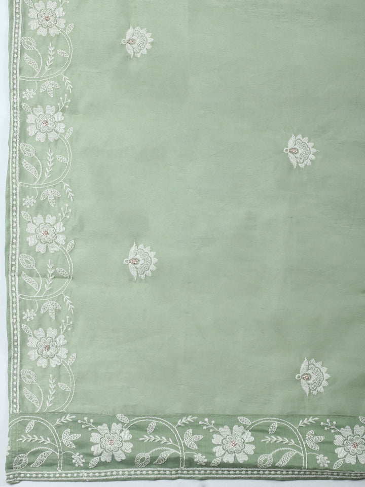 Aqua Green Embroidered Chanderi Unstitched Suit &amp; Pant With Chanderi Dupatta