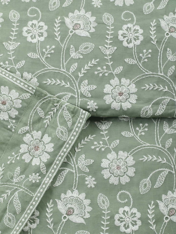 Aqua Green Embroidered Chanderi Unstitched Suit &amp; Pant With Chanderi Dupatta