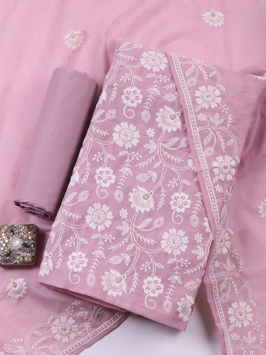 Mauve Embroidered Chanderi Unstitched Suit &amp; Pant With Chanderi Dupatta