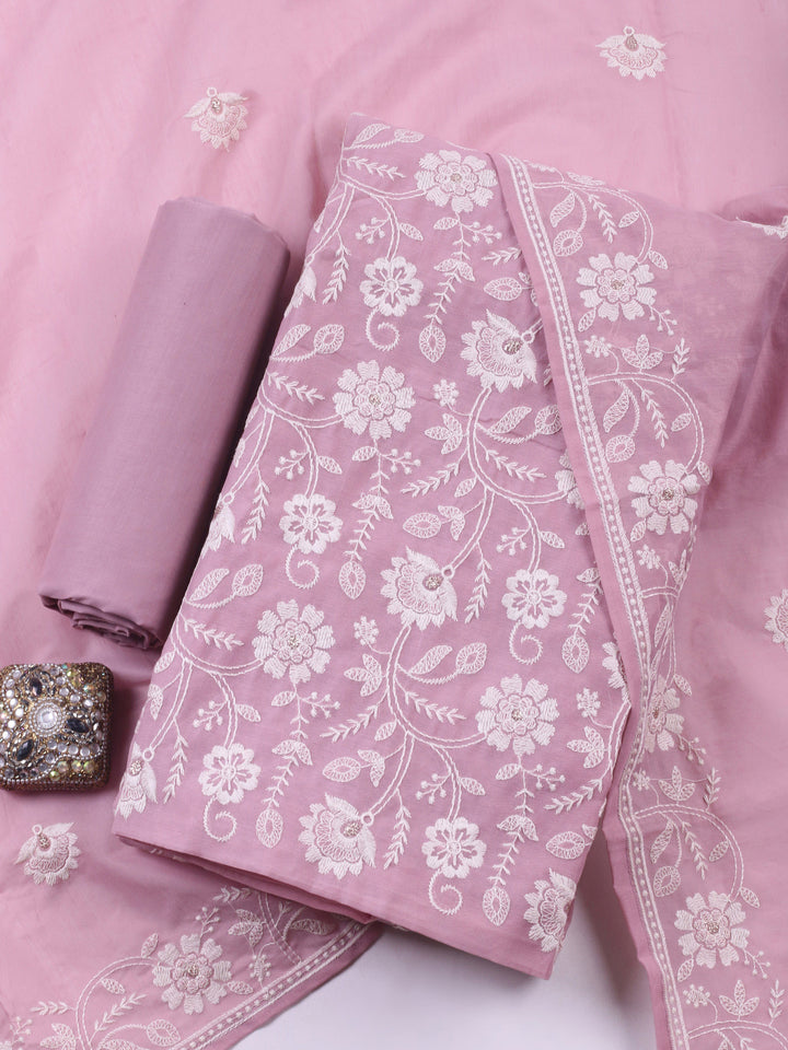 Mauve Embroidered Chanderi Unstitched Suit &amp; Pant With Chanderi Dupatta