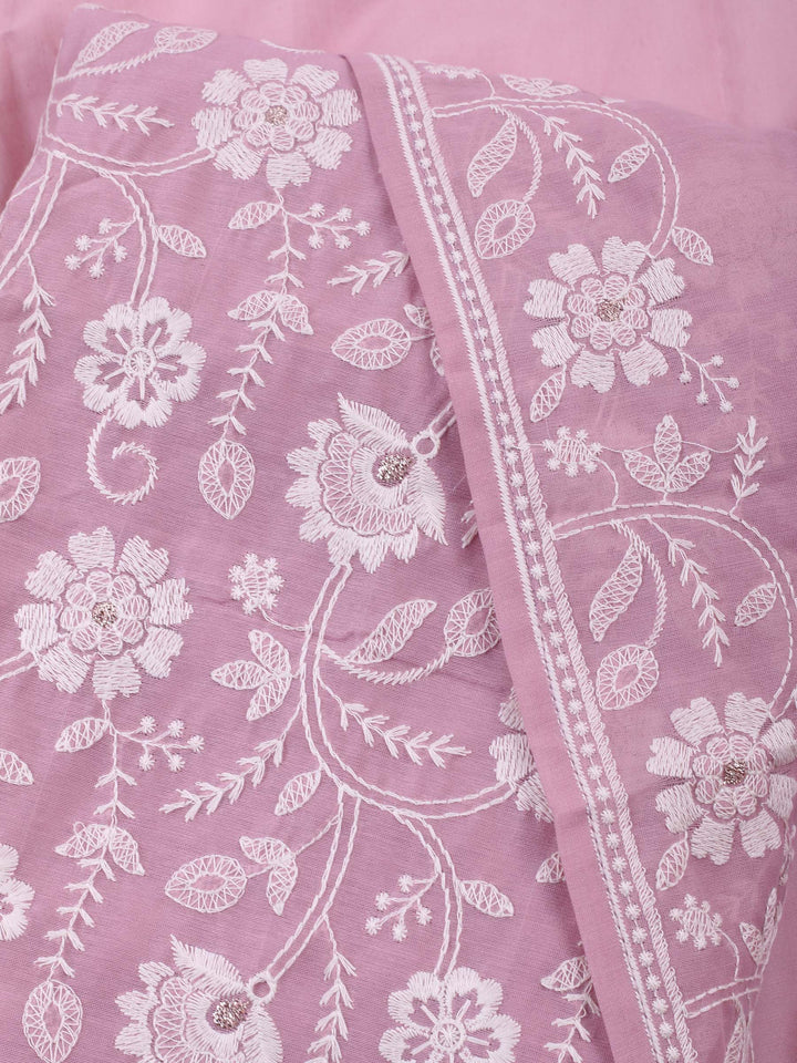 Mauve Embroidered Chanderi Unstitched Suit &amp; Pant With Chanderi Dupatta
