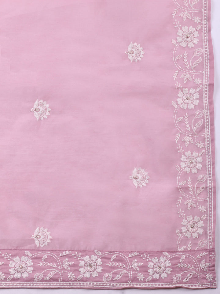 Mauve Embroidered Chanderi Unstitched Suit &amp; Pant With Chanderi Dupatta