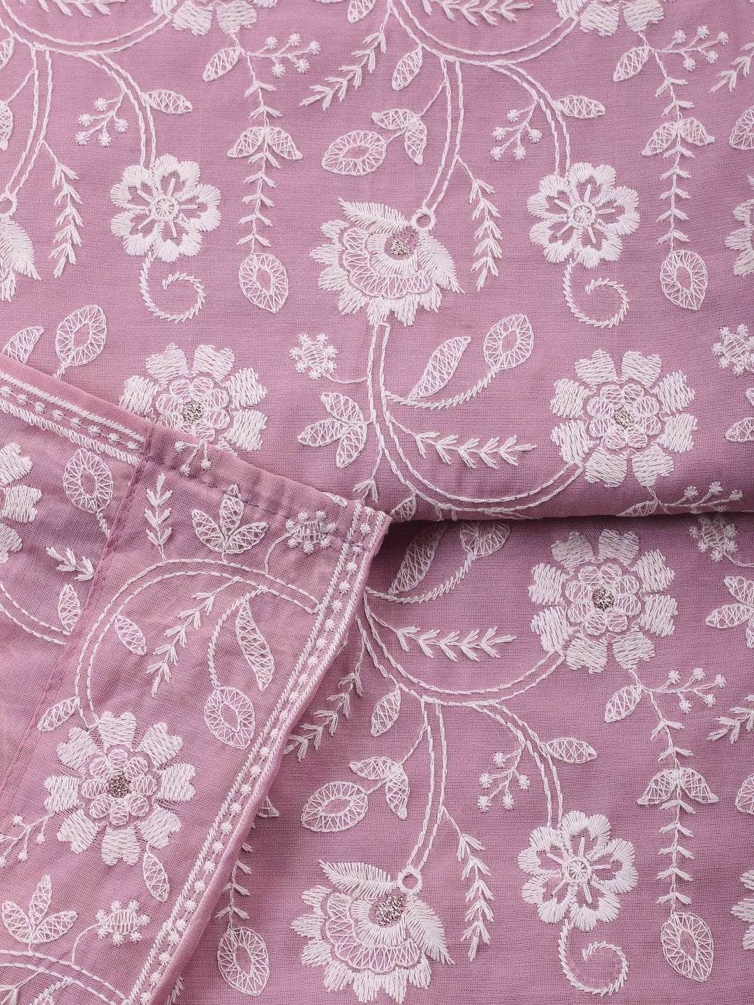 Mauve Embroidered Chanderi Unstitched Suit &amp; Pant With Chanderi Dupatta