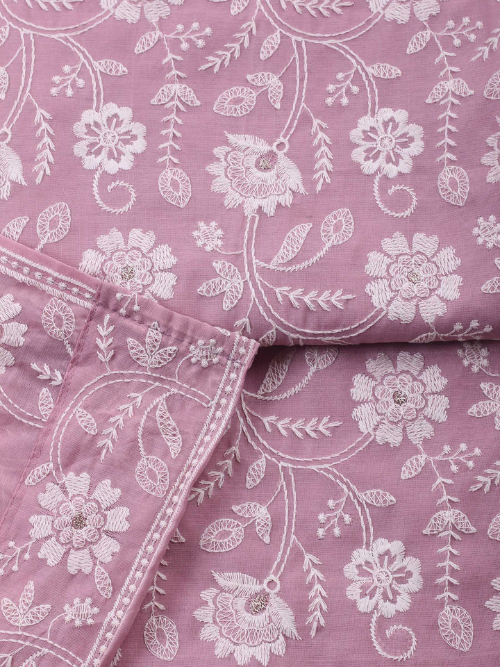 Mauve Embroidered Chanderi Unstitched Suit &amp; Pant With Chanderi Dupatta