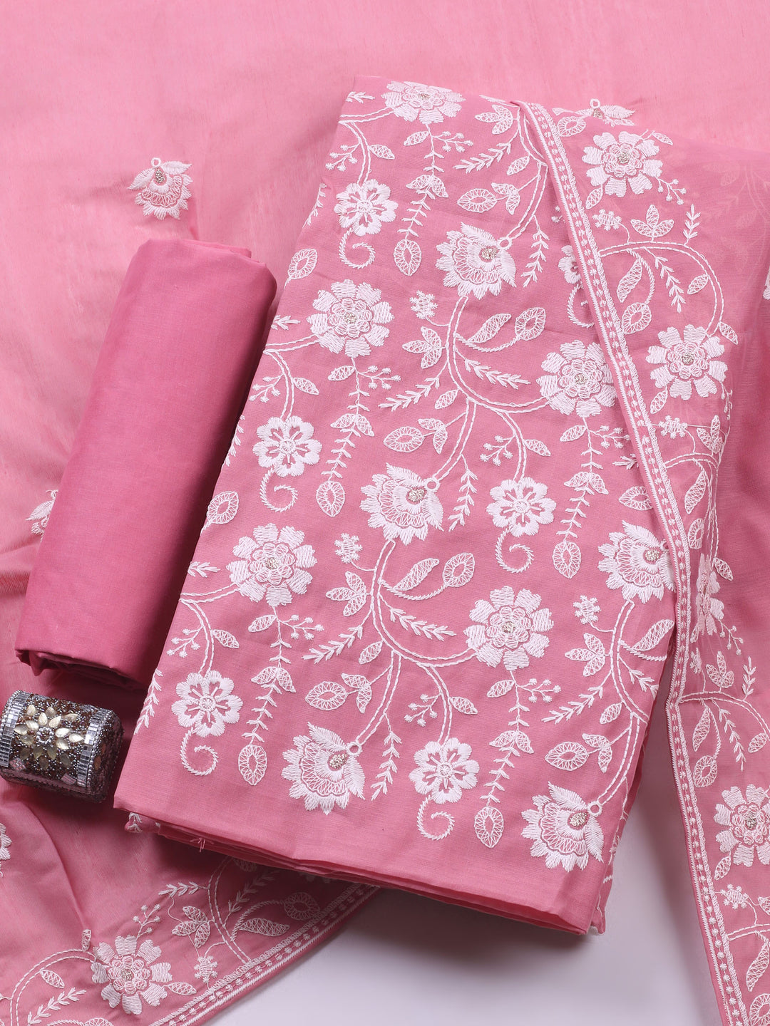 Pink Embroidered Chanderi Unstitched Suit &amp; Pant With Chanderi Dupatta