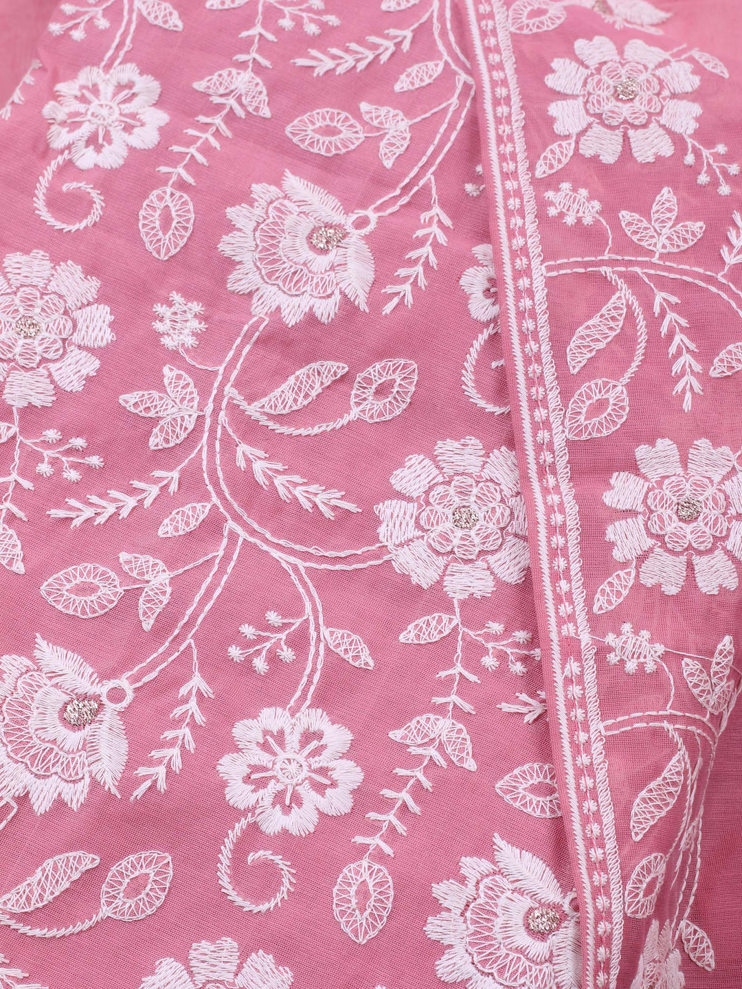 Pink Embroidered Chanderi Unstitched Suit &amp; Pant With Chanderi Dupatta