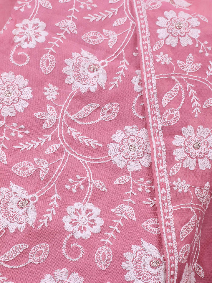 Pink Embroidered Chanderi Unstitched Suit &amp; Pant With Chanderi Dupatta